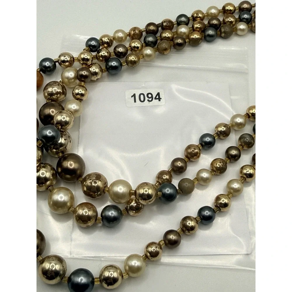Vintage Faux Pearl Necklace Triple Strand Gold Tone Blue Cream Orange 14-15.5